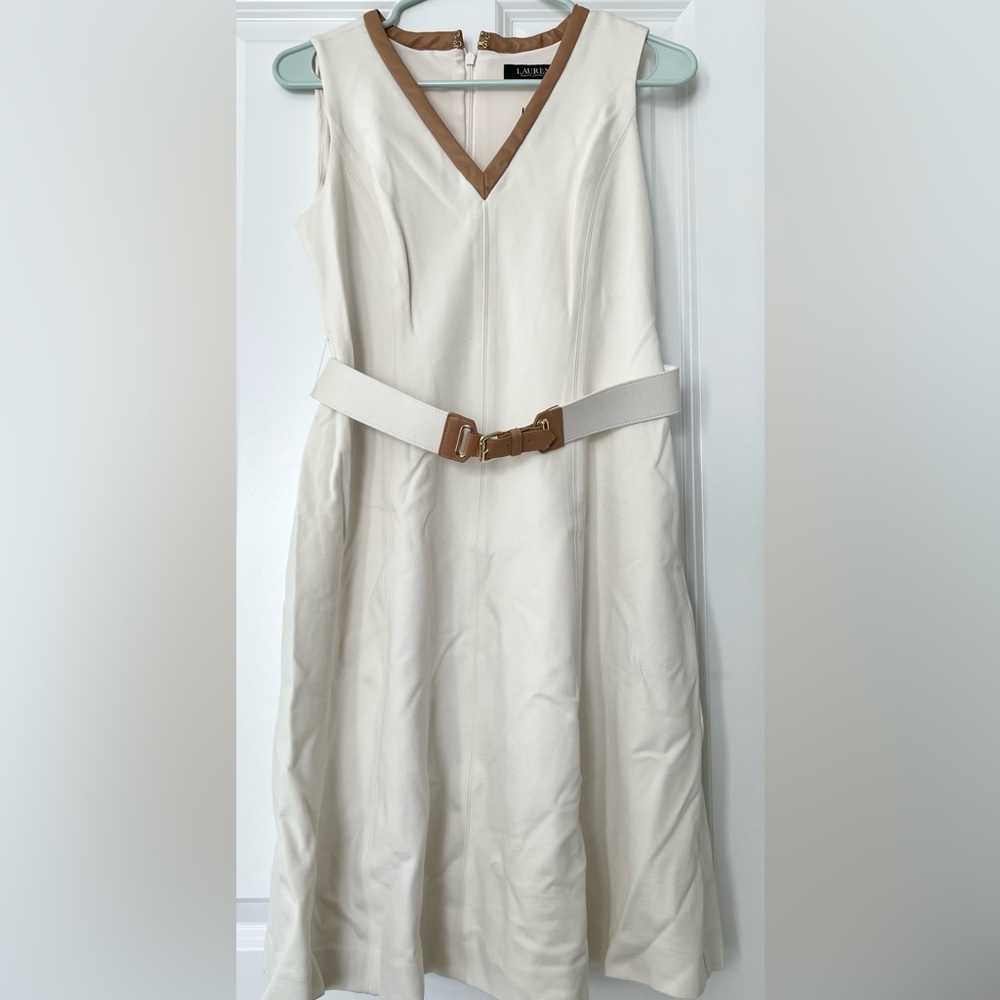 Petite Small, Ralph Lauren off-white dress with tan piping, NWT